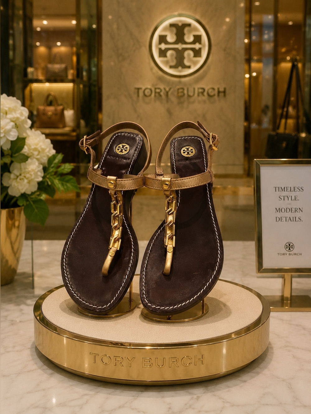 Tory Burch Metallic Gold Chain-Detail Leather Thong Sandals - Gold
